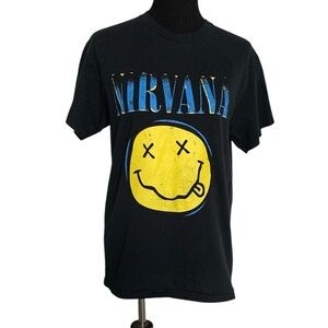 Nirvana Black Cotton Smiley Face Graphic Short Sleeved TShirt Unisex Size Medium